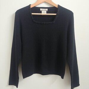 Vintage Hong Kong beaded trim square neckline black sweater top Large Pe…